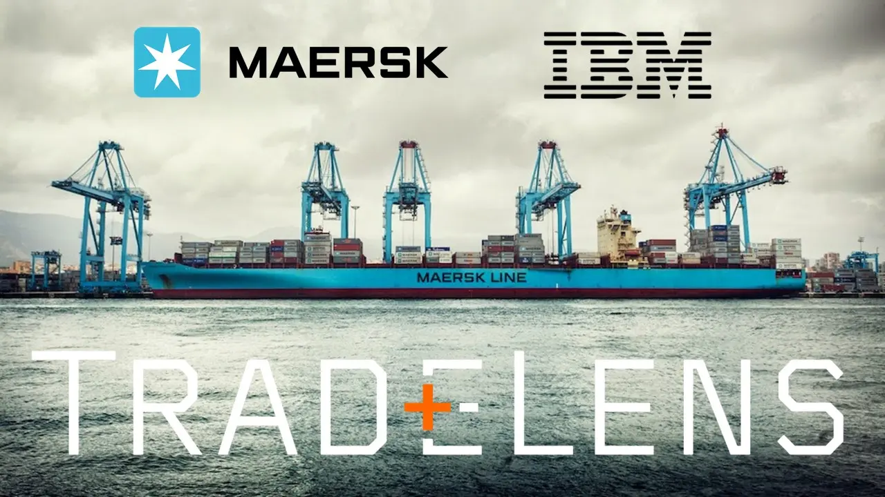 TradeLens – IBM và Maersk Tàu container Maersk tại cảng với logo IBM và TradeLens ứng dụng blockchain